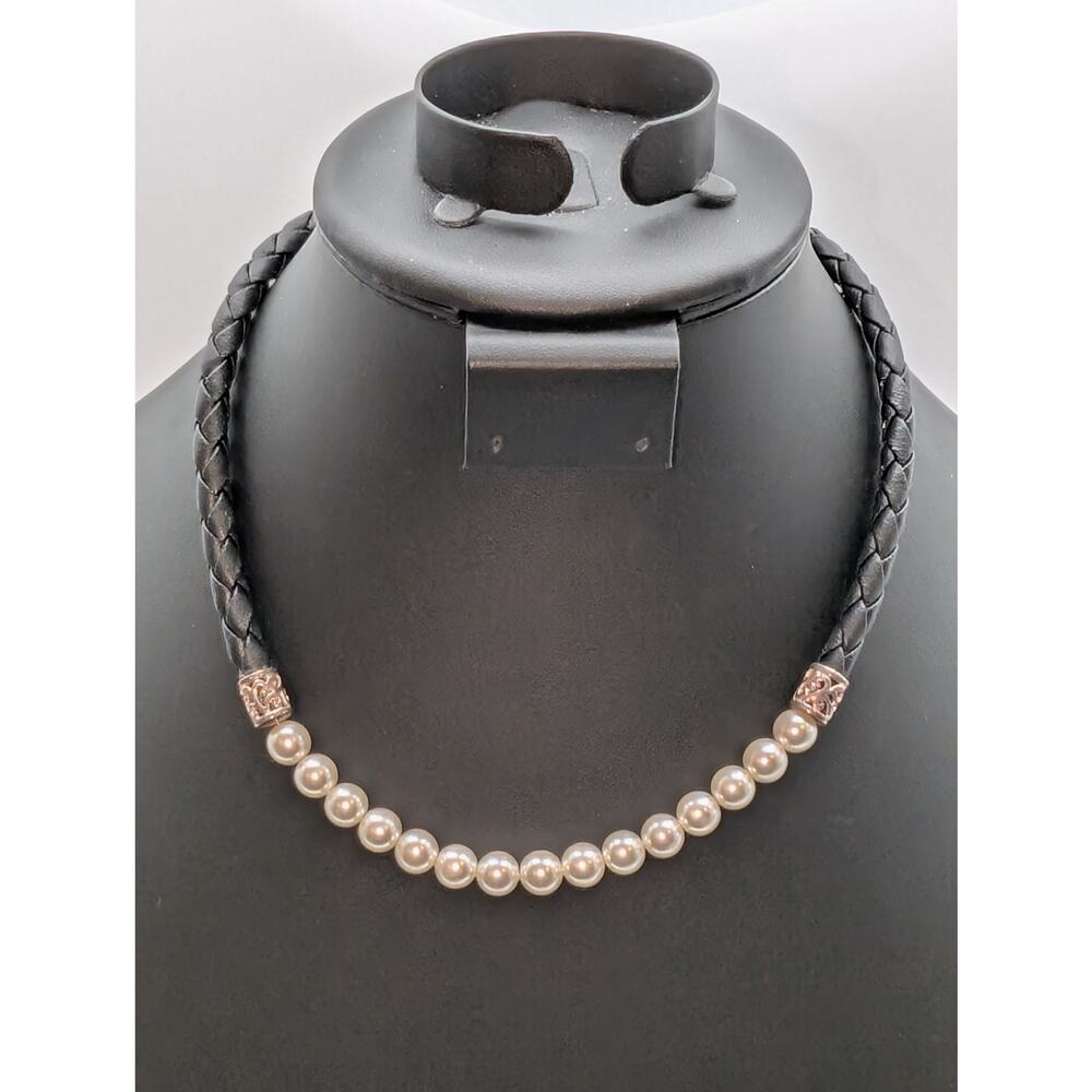 Braided Black Leather Faux Pearl & Sterling Silver Choker 17.25" Necklace